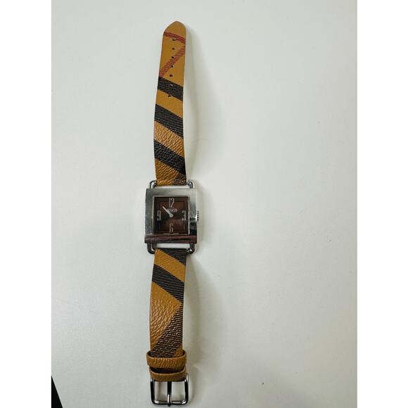 Coach Silver Square Bronze Face Watch Tan Plaid Watchband - Picture 1 of 14